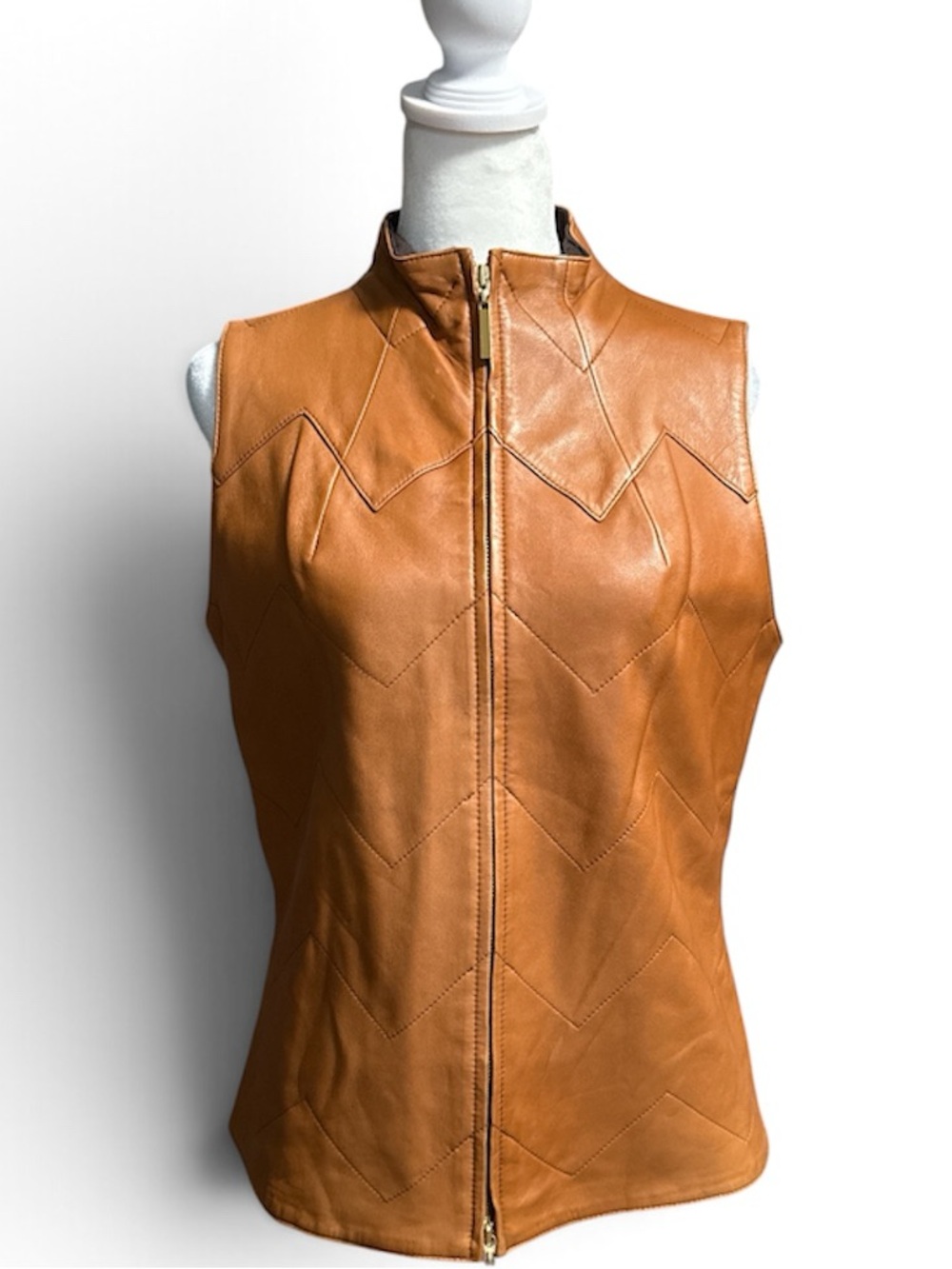 Tory Burch Camel Leather Zip-Front Lined Vest-M